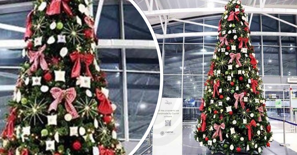 Στολίδια από σμιλί και λευκαρίτικα κεντήματα κοσμούν τα Χριστουγεννιάτικα δέντρα στα αεροδρόμια της Κύπρου